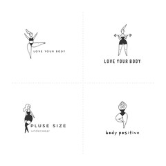 Set of vector hand drawn icons with text. Body positive concept. Attractive happy overweight women.