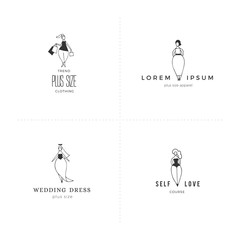 Vector set of hand drawn icons with text. Body positive concept. Attractive happy overweight women.