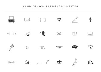 Set of vector hand drawn icons. Writing, copywrite and publishing theme.