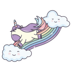 cute adorable unicorn with clouds and rainbow