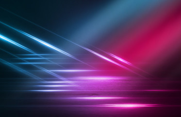 Empty background scene. Dark street reflection on wet asphalt. Rays of neon light in the dark, neon figures, smoke. Background of empty stage show. Abstract dark background.