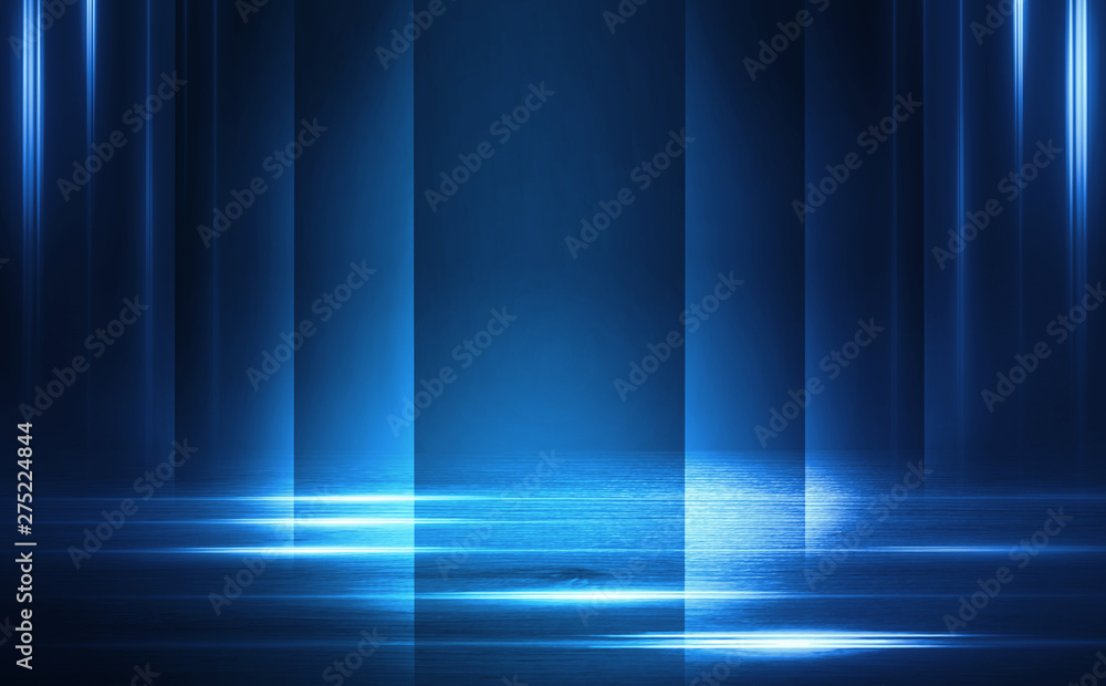 Aufkleber empty background scene. dark street reflection on wet asphalt. rays of neon light in the dark, neon 