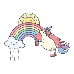 cute adorable unicorn with clouds rainy and rainbow