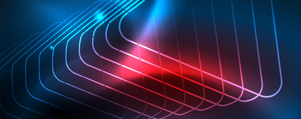 Naklejka premium Neon glowing techno lines, hi-tech futuristic abstract background template, vector