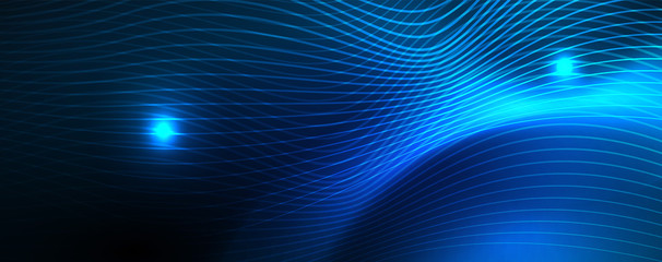 Smooth wave lines on blue neon color light background. Glowing abstract wave on dark, shiny motion, magic space light