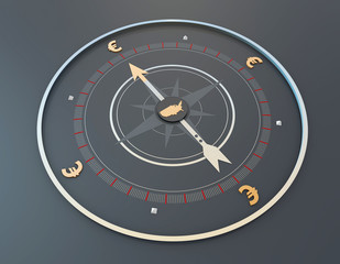 Compass and currency symbols, financial economic development goals and plans,usa and euro