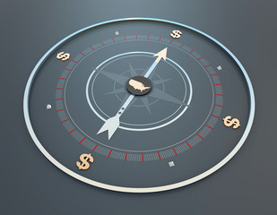 Compass and currency symbols, financial economic development goals and plans,usa and dollar