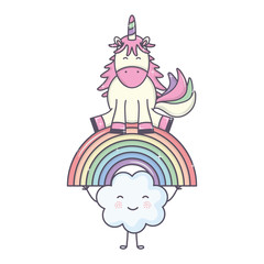 cute adorable unicorn with clouds and rainbow