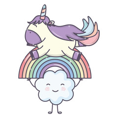 cute adorable unicorn with clouds and rainbow