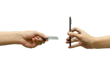 Men hand, send credit cards and hands on the smartphone stand