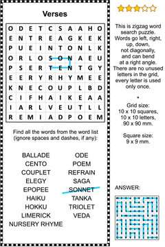 Verses themed zigzag word search puzzle (suitable both for kids and adults). Answer included.