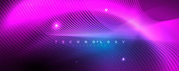 Trendy neon blue abstract design with waves and circles. Neon light glowing effect. Abstract digital background.