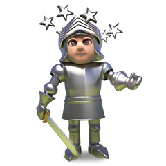 Dizzy medieval knight in armour is confused by stars in his eyes, 3d illustration