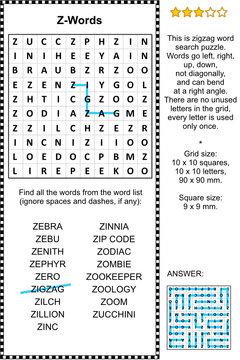 Z-Words, or words starting with letter Z, themed zigzag word search puzzle (suitable both for kids and adults). Answer included.