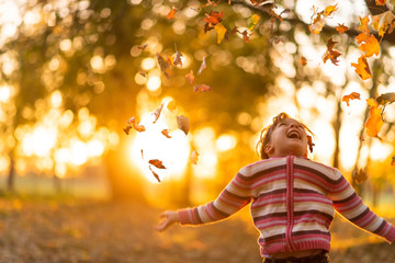 Cheerful girl throwing maple leaves in the air
