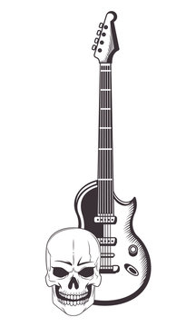 electric guitar and skull drawn tattoo icon