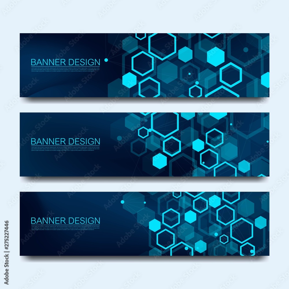 Leinwandbilder Abstract molecules banners set with lines, dots, circles, polygons. Vector design network communication background. Futuristic digital science technology concept for web banner template or brochure.