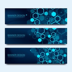 Abstract molecules banners set with lines, dots, circles, polygons. Vector design network communication background. Futuristic digital science technology concept for web banner template or brochure.