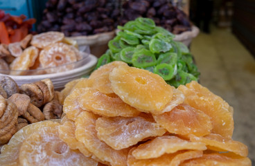 Assorted dried fruits for sale at Carmel Market, popular marketplace in Tel-Aviv, Israel