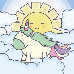 Obraz premium cute adorable unicorn and clouds and sun kawaii characters