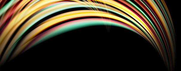 Fluid color rainbow style wave abstract background, techno modern design on black