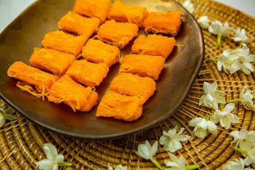 Close up homemade Dessert made from egg yolks or Thai desserts. (Selective focus)