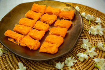 Close up homemade Dessert made from egg yolks or Thai desserts. (Selective focus)