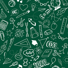 school theme seamless patternwith hand drawn school objects on green blackboard background