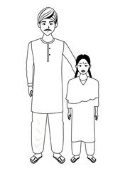 indian family avatar cartoon character in black and white