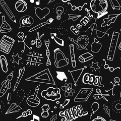 cute hand drawn seamless pattern created from school supplies on chalkboard background