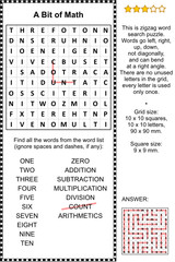 Basic math, numbers, arithmetics themed zigzag word search puzzle (suitable both for kids and adults). Answer included.