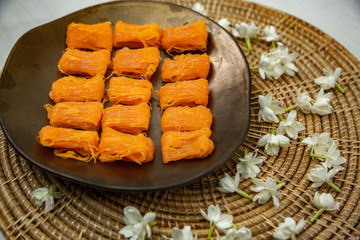 Close up homemade Dessert made from egg yolks or Thai desserts. (Selective focus)