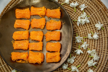 Close up homemade Dessert made from egg yolks or Thai desserts. (Selective focus)