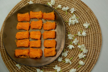 Close up homemade Dessert made from egg yolks or Thai desserts. (Selective focus)