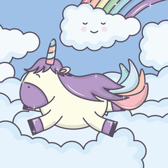 cute adorable unicorn floating in cloud rainy character