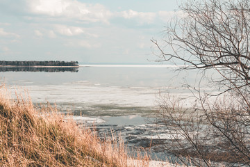 Spring landscape. Sea in ice.