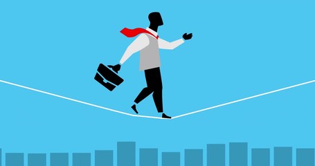 Loop animation of businessman walking on a rope over a graphic