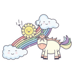 cute unicorn in rainbow with clouds and sun kawaii characters
