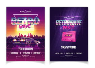 Retrowave party, electronic music of 80s, DJ performance in nightclub cartoon vector ad poster, promo flyer pages template. Tape cassette, futuristic sport car on city sunset background illustration