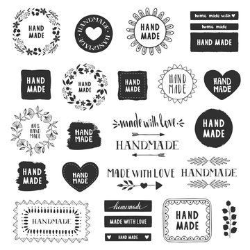 Handmade labels. Made with love badges. Vintage design elements. Vector. Isolated.