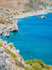 Panorama of Preveli beach (Palm beach) at Libyan sea, Crete, Greece.
