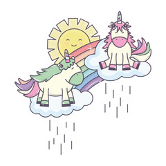 cute unicorn in rainbow with clouds rainy and sun kawaii