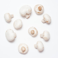 Champignons, close-up, isolated on white background. Top view.