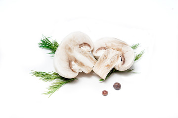 Champignons, close-up, isolated on white background. Top view.