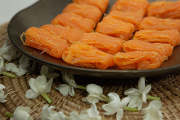 Close up homemade Dessert made from egg yolks or Thai desserts. (Selective focus)