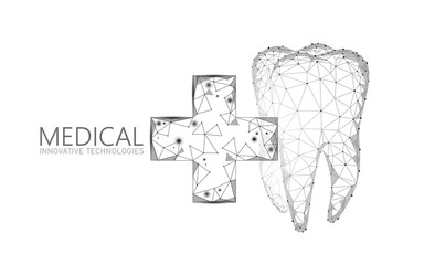 Medical cross healthy human tooth 3d. Medicine model low poly. Doctor online concept. Medical consultation app. Web healthcare dentist stomatologist modern technology vector illustration