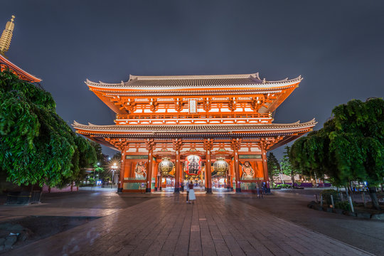 Tokyo - May 20, 2019: Night shot of the Sensoji temple in Asakusa, Tokyo, Japan