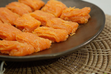 Close up homemade Dessert made from egg yolks or Thai desserts. (Selective focus)