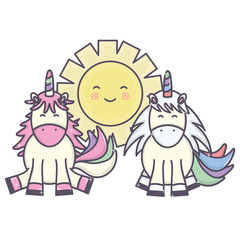 cute adorable unicorns with sun kawaii fairy characters
