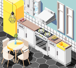 Fototapeta na wymiar Isometric Kitchen Interior Composition